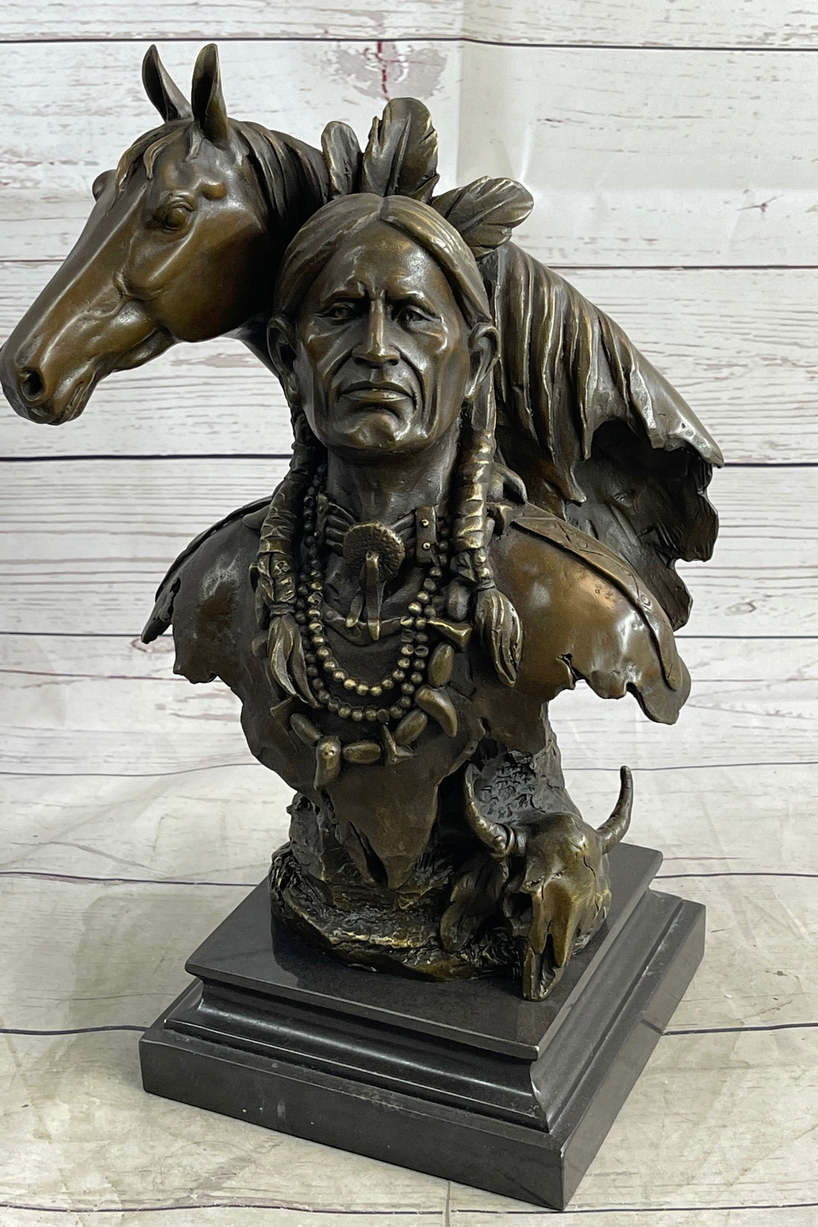 Native American Man & Horse Bronze Bust Statue Sculpture Western Art 14" x 10" (1 of 4)
