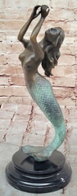 Mermaid Bronze Figure Statue Sculpture Art Deco Marble Base 15" x 6"