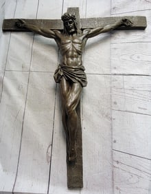 Bronze Metal Wall Mounted Hanging Crucifix Jesus Christ on Cross 25" x 21"
