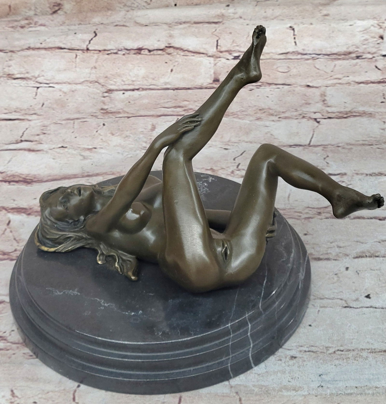 Erotic Bronze Sculpture Figure Nude Girl on Her Back: Bronze Dimensions with Marble Base: Height 7" X Width 9"Marble Dimensions: Diameter 7"Height without base:6"Weight:8 LBSOriginal or Reproduction: Original
