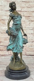 Girl Carrying Basket of Grapes Classical Bronze Figure Statue Sculpture 17" x 6"