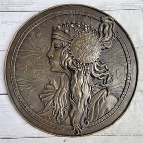 Art Nouveau Female Portrait Bronze Metal Hanging Wall Plate Plaque