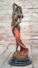 Sensual Bronze Nude Girl with Red Drape ? Striking Figurative Sculpture