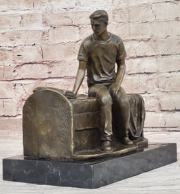 Young Man Deep in Thought on Bench Genuine Bronze Sculpture