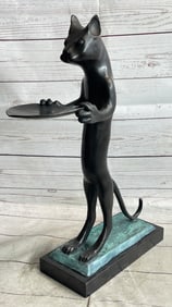 Standing Cat Holding Tray Business Card Holder Bronze Sculpture Statue Original