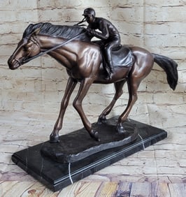 Bronze Jockey Horseman Equestrian Horse Racing Statue Sculpture Decor 16" x 23"
