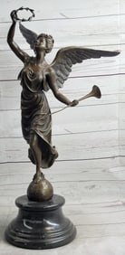 Statue Figure of Winged Female Angel Holding Wreath & Trumpet Horn