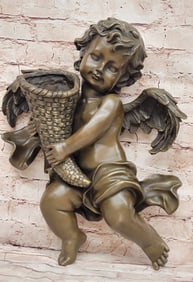 A.Moreau Baby Boy Angel Putti Wall Mount Bronze Sculpture