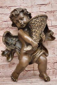 A.Moreau Baby Girl Angel Putti Wall Mount Bronze Sculpture