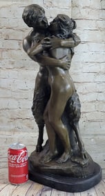 35 lbs Nymph Girl Kissing Faun Satyr Greek Mythology Nude Statue Sculpture Dalou 22.5" x 11"