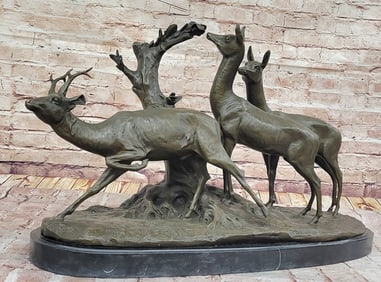 71 lbs M. Fiot Deer in the Forest ? Majestic Bronze Wildlife Sculpture on Marble Base