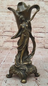 Art Nouveau Bronze Vase with Elegant Woman Figurine - Antique-Style Decorative Centerpiece