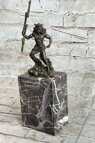 Signed Poseidon God of Sea Bronze Bookend Book End Sculpture Marble Base Statue