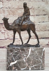 Arabian Man Riding Camel Desert Scene Decor Bronze Statue Sculpture Figure on Marble Base