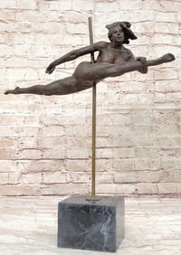 Pole Dancer Doing a Split in the Air - Bronze Statue Sculpture Figurine on Marble Base