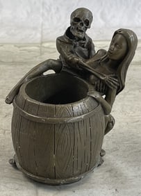 Odegaard Skeleton with Nude Girl Ashtray Pen Holder Bronze