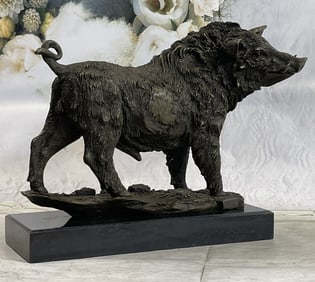 Large Barye Wild Boar Pig Art Deco Sculpture Marble