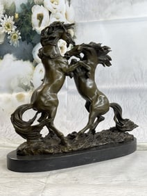Two Wild Stallion Fighting Horse Horses Bronze