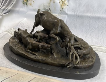 Barye Elk Stag is Attacked by Pack of Wild Bronze