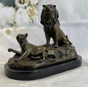 Barye African Lion With Family Animal Bronze