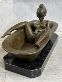 PREISS HIGHLY EROTIC NUDE GIRL MASTURBATING BATH TUB BRONZE