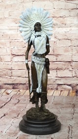 Milo Native American Warrior Girl in Feathered Headdress Bronze Statue Signed