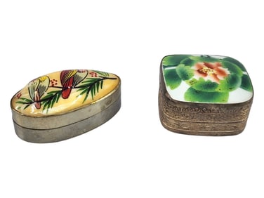 Antique hand painted porcelain metal trinket boxes