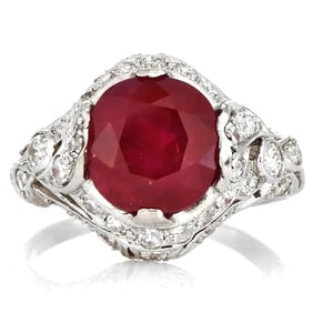 Vintage GIA 4.06 ct Burma Ruby Diamond Platinum Cocktail Ring