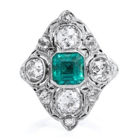 ANTIQUE ART DECO DIAMOND EMERALD PLATINUM FILIGREE NAVETTE COCKTAIL RING