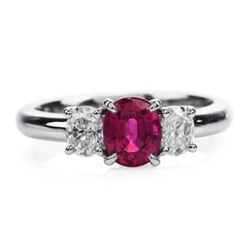 CERTIFIED GIA BURMA RUBY DIAMOND PLATINUM THREE STONE ENGAGEMENT RING