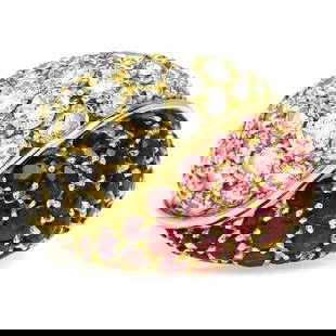 1980S DIAMOND RUBY 18K GOLD ITALIAN BYPASS CLUSTER DOME COCKTAIL RING: The center, round cut 48 genuine diamonds weigh approx. 5.00 carats. H-I color, clarity. They are complemented by the lively 53 round-cut red color genuine rubies approx. 6.80 cts in total. Weight: 18