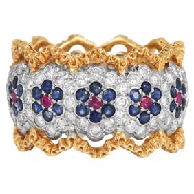Buccellati Diamond Sapphire Ruby 18K Gold Floral Eternity Ring