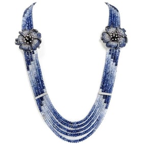 Diamond Sapphire 18K Gold Flower Multistrand Ombre Necklace Brooch