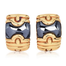 Vintage Bvlgari Parentesi 18K Yellow Gold Hematite Hoop Earrings
