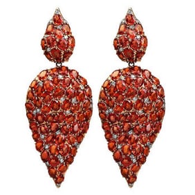 Estate Fine Orange Sapphire Diamond 18K Rose Gold Flame Dangle Drop Earrings