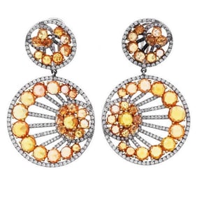 Estate Diamond Yellow Sapphire 18K Gold Round Dangle Hoop Earrings