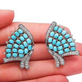 Vintage Diamond Turquoise White Gold Flutter Fan Clip On Earrings