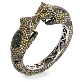 Estate 39.13cts Fancy Diamond Ruby Gold Sterling Silver Leopard Cuff Bracelet