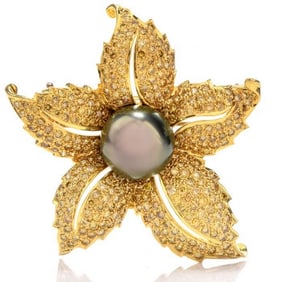 Vivid Yellow Diamond Tahitian Pearl 18K Yellow Gold Brooch Pin