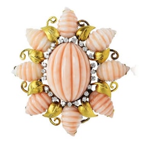 Trio Vintage Diamond Pink Coral 18K Gold Flower Star Large Brooch Pin