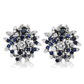 Diamond Blue Sapphire 18K White Gold Flower Cluster Clip-on Earrings
