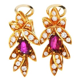 GIA Vintage Italian Diamond Ruby 18K Yellow Gold Dangle Leaf Floral Clip-On Earrings
