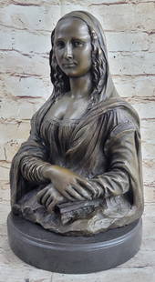 Mona Lisa Bronze Bust Statue Sculpture after Leonardo Da Vinci: Bronze Dimensions with Marble Base: Height 14" X Width 8.5"Marble Dimensions: Diameter 8.5"Height without base:13"Weight:17 LBSOriginal or Reproduction: Reproduction