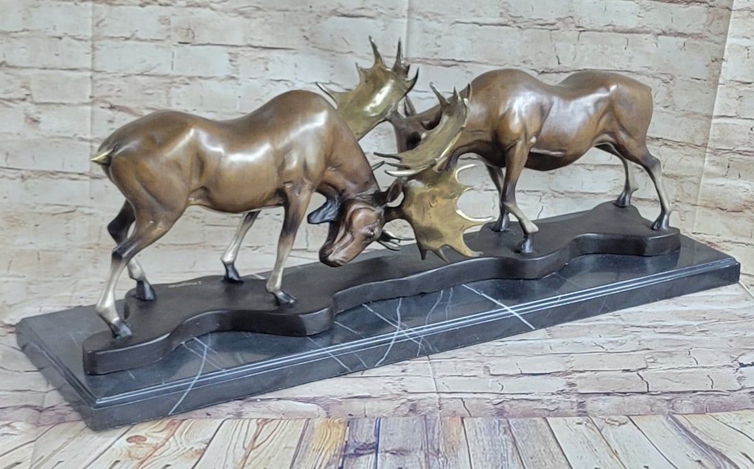 Bull Moose Duel Dueling Bucks Fight Bronze Statue Sculpture Moigniez (1 of 5)
