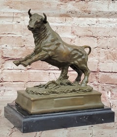 Charging Rearing Bull Bronze Sculpture on Marble Base Signed Milo