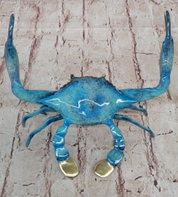 Blue Crab Sculpture Figure Figurine Original Art Glazed Colorful Patina 4" x 8"