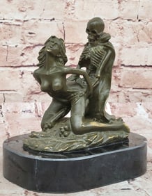 Memento Mori Erotic Bronze Sculpture ? Skeleton and Woman Figurine