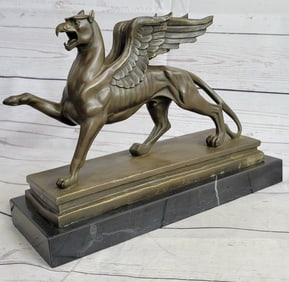 Welsh Dragon Griffin Mythological Creature Bronze Metal Statue Sculpture on Marble Base 9" x 13"