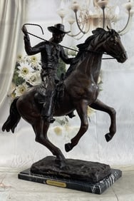 Cowboy with Rope on Horseback Country Western Bronze Sculpture Statue Frederic Remington