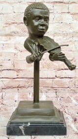 Bronze Boy Playing Violin Sculpture ? Musical Bust on Marble Base